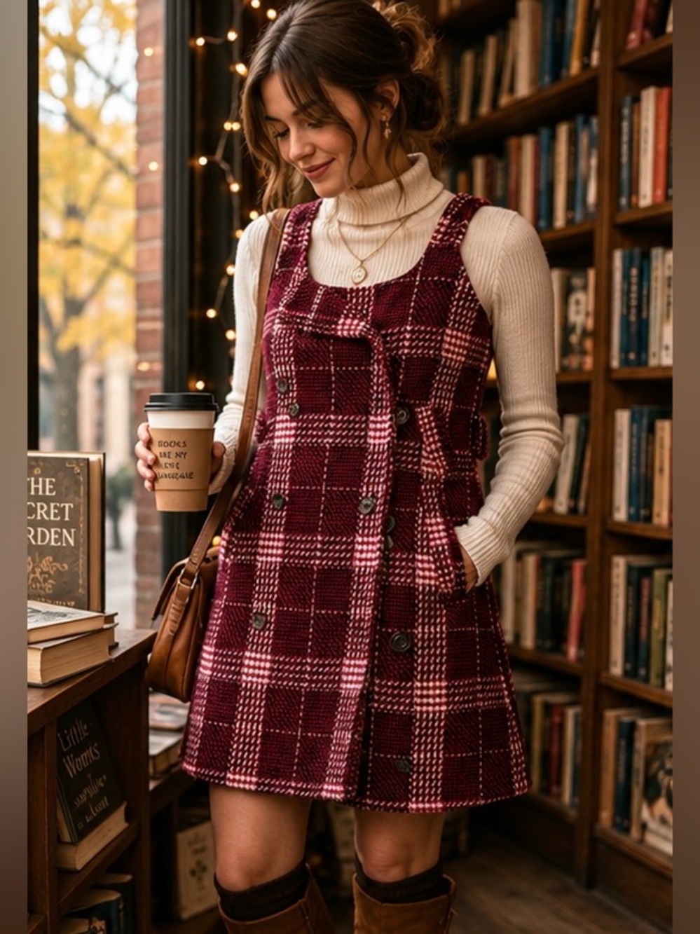 Free People Home Made Plaid Tweed Pinafore Dress Cottagecore Layered NWT Medium